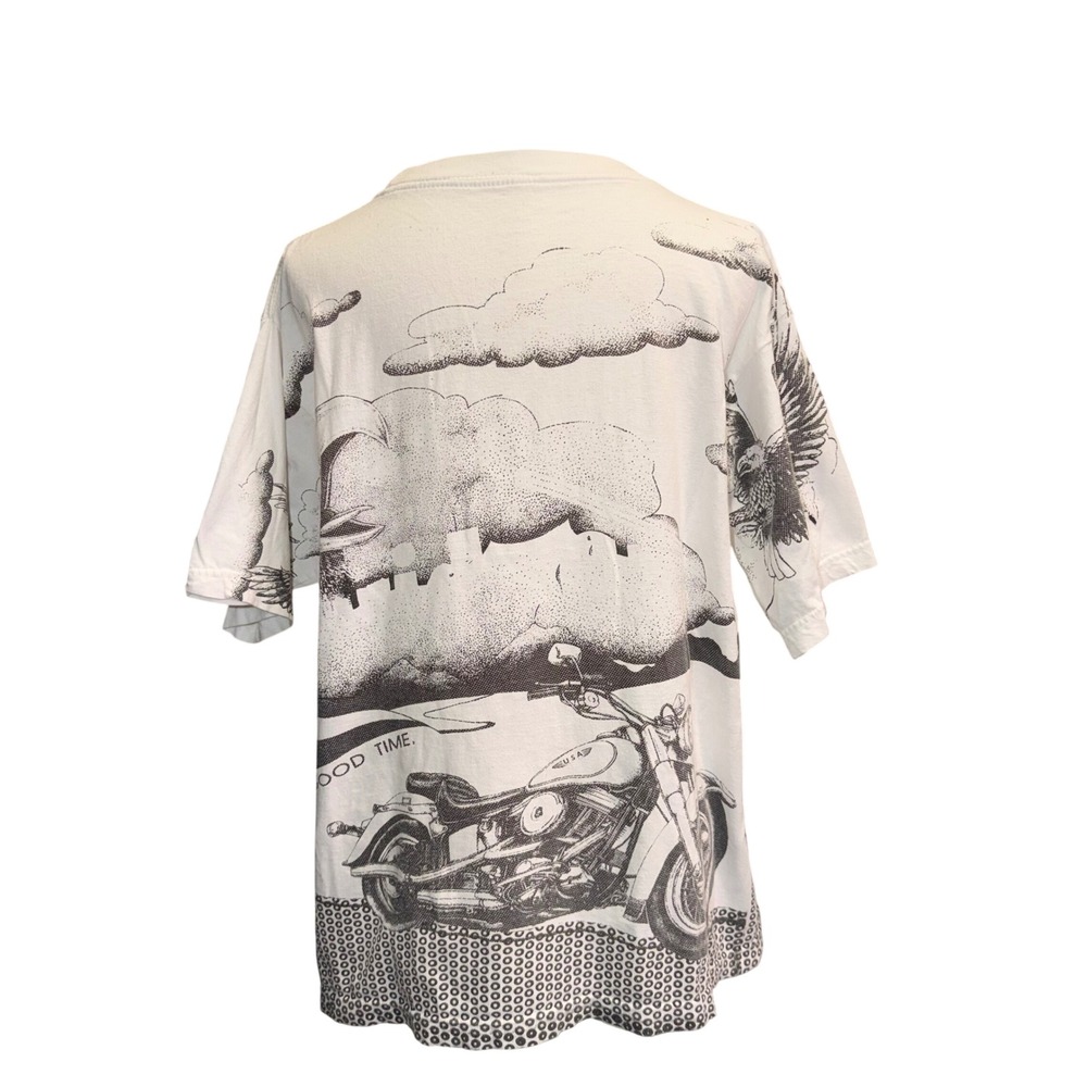 Vintage 90s All Over Print Eagle Motorcycle T-Shirt Single Stitch White 22x26 - Picture 2 of 8